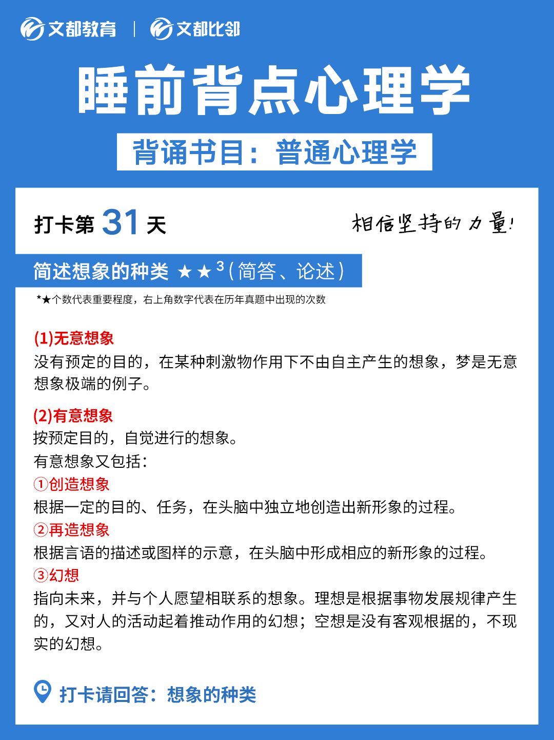 睡前背点心理学之文都考研：简述想象的种类